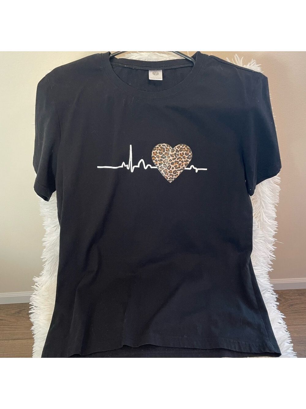Black T-Shirt with Leopard Heart Design